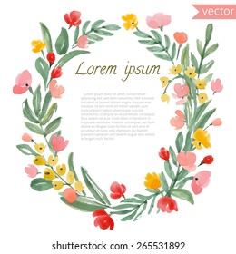 Watercolor Vintage Leaf and Flowers round frame. Vector illustration of hand drawn natural wreath for invitation cards, save the date, wedding card design.
