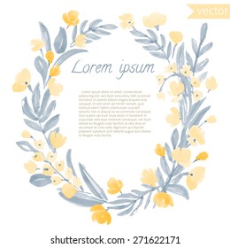 Watercolor Vintage Leaf and Flowers round frame. Vector illustration of hand drawn natural wreath for invitation cards, save the date, wedding card design.