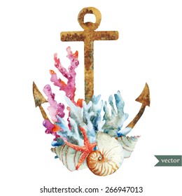 watercolor, vintage, object, anchor, shell, coral