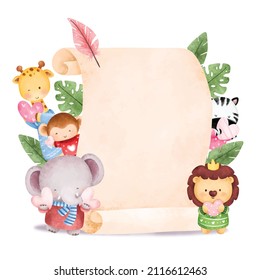Watercolor vintage paper template with cute safari animal 