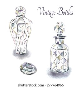 Watercolor vintage perfume bottles. Vector illustration.