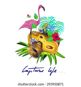 Watercolor Vintage Photo Camera with Hibiscus Flowers, Palm Tree Leaves & Flamingo, isolated on white background. Vector Element for any memory concept. Inspirational vector typography. 