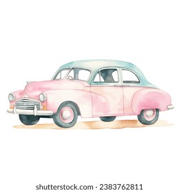 Watercolor vintage retro car isolated on white background. Pastel colors. Vector illustration