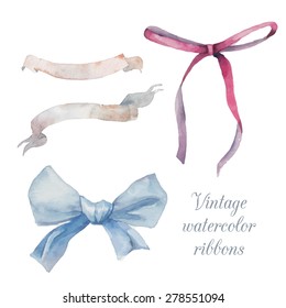 Watercolor vintage ribbons and bow set. Hand drawn isolated decorative elements. Vector illustrations on white background