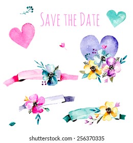 Watercolor vintage ribbons set with flowers and hearts. Hand drawn isolated objects for your design. Perfect for wedding invitation and greeting cards. 