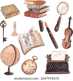 Watercolor Vintage School Supplies and Learning Tools - Livros, Globo, Relógio, Violino, Máquina de escrever, Caneta - Ilustração Academia. Elementos isolados desenhados à mão. Pintura marrom suave.  Realista vibração acolhedora. 