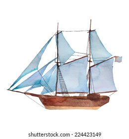 Watercolor vintage schooner. Hand drawn vector illustration about sea transport.