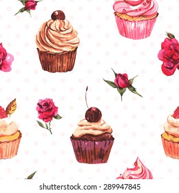Watercolor vintage seamless background with cupcakes and flowers on a white background with polka dots, vector watercolor illustration.