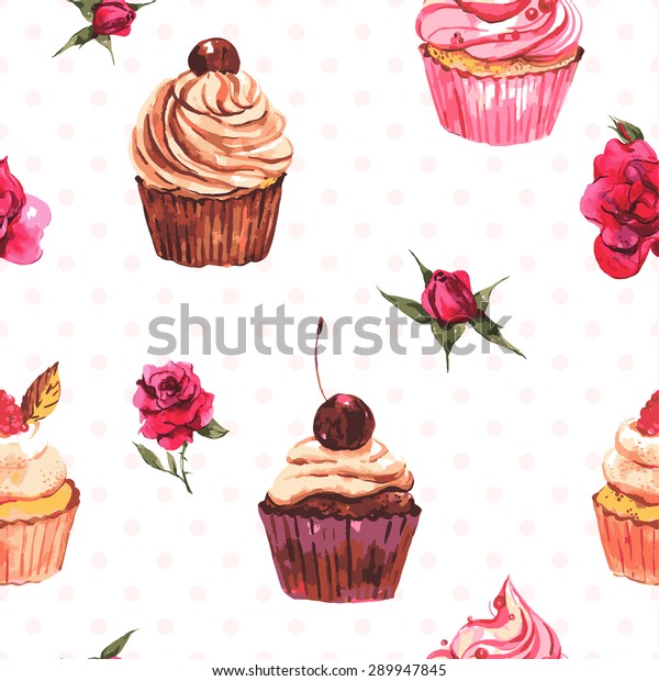 Watercolor Vintage Seamless Background Cupcakes Flowers Stock Vector ...