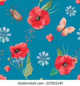 Watercolor vintage seamless background with field flowers, insects and herb. Pattern with poppy, cornflower, spikelet, horsetail, buttercup, grass, butterfly, beatle and leaves. Vector floral texture