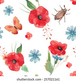 Watercolor vintage seamless background with field flowers, insects and herb. Pattern with poppy, cornflower, spikelet, horsetail, buttercup, grass, butterfly, beatle and leaves. Vector summer texture