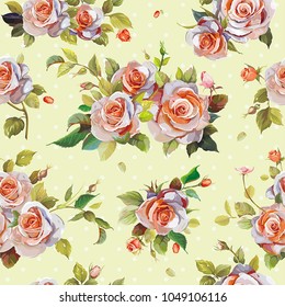 Watercolor vintage seamless pattern with rose for fashion design. Elegance background with flowers