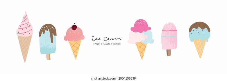 Watercolor vintage set of ice cream. Hand drawn isolated objects for cute food.