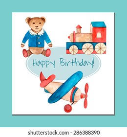 Watercolor vintage set of toys. Hand drawn teddy bear, model plane, puffer,  Illustration for greeting cards, invitations, and other projects.