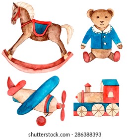 Watercolor vintage set of toys. Hand drawn rocking horse, teddy bear, model plane, puffer, Retro vector baby objects for your design.