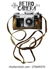 Watercolor vintage SLR camera in leather case. Front view. Vector illustration isolated on white background