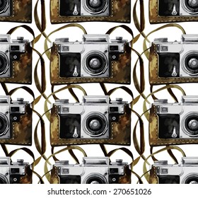Watercolor vintage SLR camera in leather case. Front view. Vector pattern