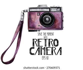 Watercolor vintage SLR camera with pink body. Front view. Vector illustration isolated on white background