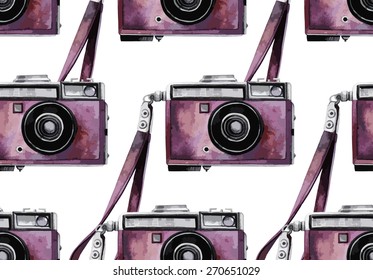 Watercolor vintage SLR camera with pink body. Front view. Vector pattern