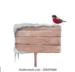 Watercolor vintage snowy sign with bullfinch bird on top isolated on white background. Hand drawn vector illustration for winter design in traditional style