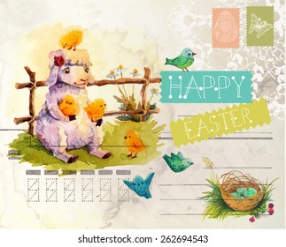 Watercolor vintage style Easter card with sheep