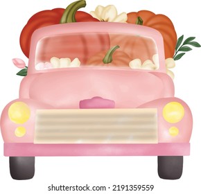 Watercolor Vintage Truck. Pink Pastel Pickup Truck Clipart. Farmhouse clipart. Vintage Truck. Retro Truck.