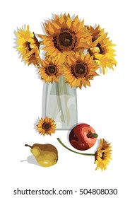 Watercolor Vintage Vase of Sunflowers and Autumn Fruits isolated on white. Vector flower