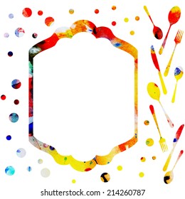 watercolor vintage vector background with frame for text with spoons and forks