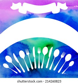 watercolor vintage vector background for text with ribbon spoons and forks in blue