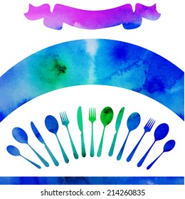 watercolor vintage vector background for text with ribbon spoons and forks in blue