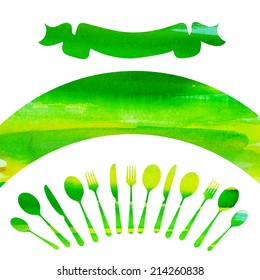 watercolor vintage vector background for text with ribbon spoons and forks in green
