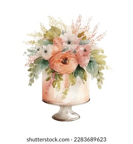 Watercolor vintage wedding cake in pastel colors , isolated and editable.