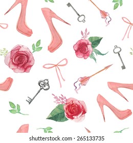 Watercolor Vintage wedding objects pattern.  Seamless texture with roses,  pink shoes, silver keys, ribbon bows and tribal arrows. Hand painted girly background 