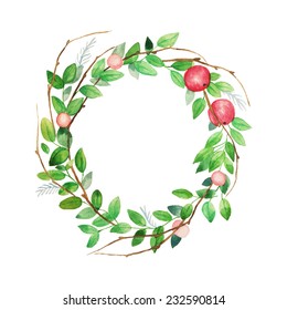 Watercolor vintage wreath with berries, apple, leaves and branches. Vector hand painted illustration isolated on white background.