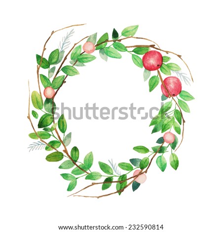 Watercolor vintage wreath with berries, apple, leaves and branches. Vector hand painted illustration isolated on white background.