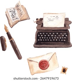 Watercolor Vintage Writing Set – Typewriter, Book, Fountain Pen, Sealed Letter, Stamp – Retro Literature Illustration. Isolated hand drawn elements. Soft brown painting. Realistic cozy vibe. 
