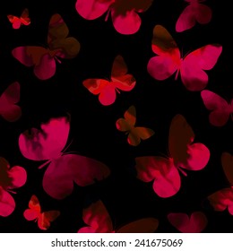 Watercolor violet butterflies on a black background. seamless pattern.  Vector 