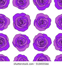 Watercolor violet roses seamless pattern. Hand painted sketch with abstract rose flowers in violet colors on a white background. Floral card design.