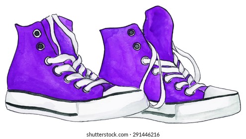 Watercolor violet sneakers pair shoes vector isolated