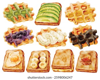 Watercolor Waffle and Toast Illustration Set, Hand Paint, Realistic, Breakfast, Dessert, Avocado Toast, Blueberry Waffle, Chocolate, Whipped Cream, Egg Toast, Banana, Peanut Butter