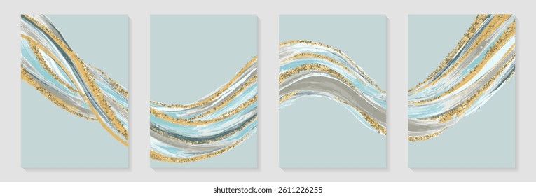 Watercolor wallpaper with gold wavy lines, hill, sky and dark blue color. Luxury in blue tone design for banner, covers, wall art, home decor and invitation