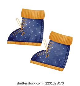 Watercolor Warm Winter Clothes and Essentials of Winter shoes clipart with blue color