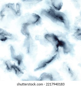 Watercolor wash seamless pattern. Abstract blue tie dye spots. Endless print for fabric, wallpaper, clothes.