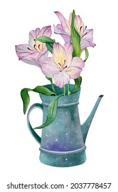 Watercolor watering can with colorful seasonal leaves and flowers