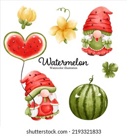 Watercolor watermelon gnomes, watercolor fruit. vector illustration