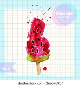 Watercolor watermelon ice cream illustration isolated on white background. Hand drawn vector illustration.