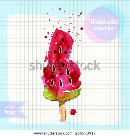 Watercolor watermelon ice cream illustration isolated on white background. Hand drawn vector illustration.