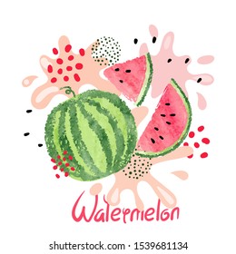 Watercolor watermelon juice vector illustration. Abstract juicy splash.