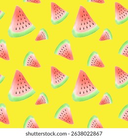 Watercolor watermelon seamless pattern with bright yellow background. Juicy watermelon slices with seeds in hand painted style. Fresh summer fruit for wrapping paper, watermelon trendy wrap design.