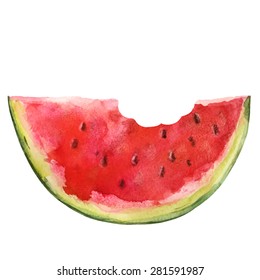 Watercolor watermelon slice with seeds and bite closeup isolated on white background. Hand painting on paper